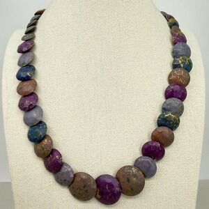 Hammered Metal Disc Necklace Chunky Purple Blue Gold Splatter Statement Art Boho